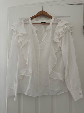 Ann Taylor White Pom-Pom Ruffle Blouse